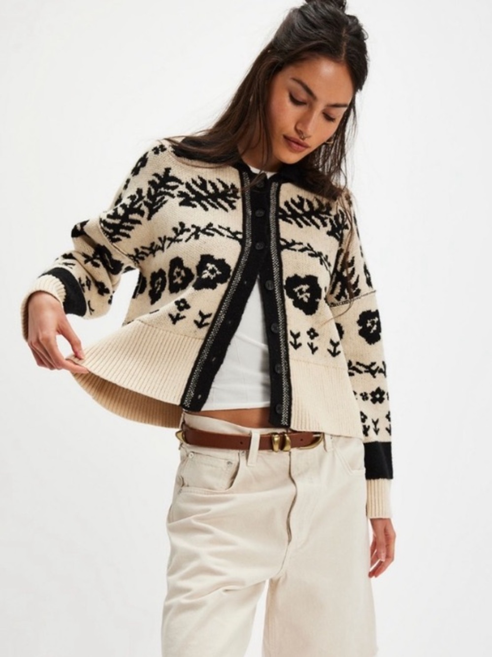 Free People Shelby Cardigan in Cream and Black - XL - Picture 4 of 7